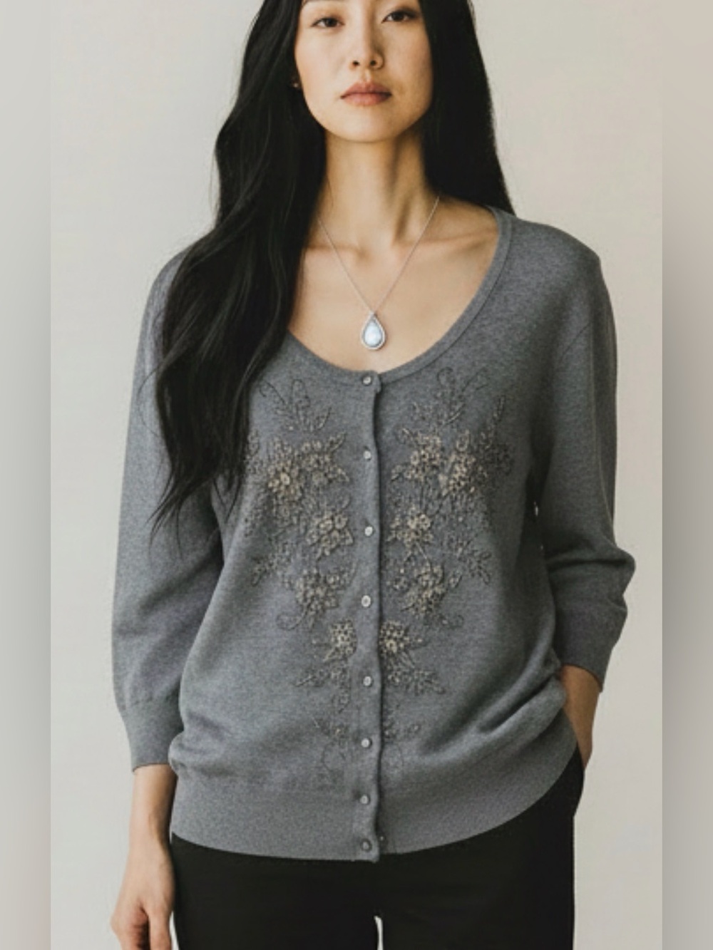 Spense Gray Embellished Scoop-Neck Cardigan size XL